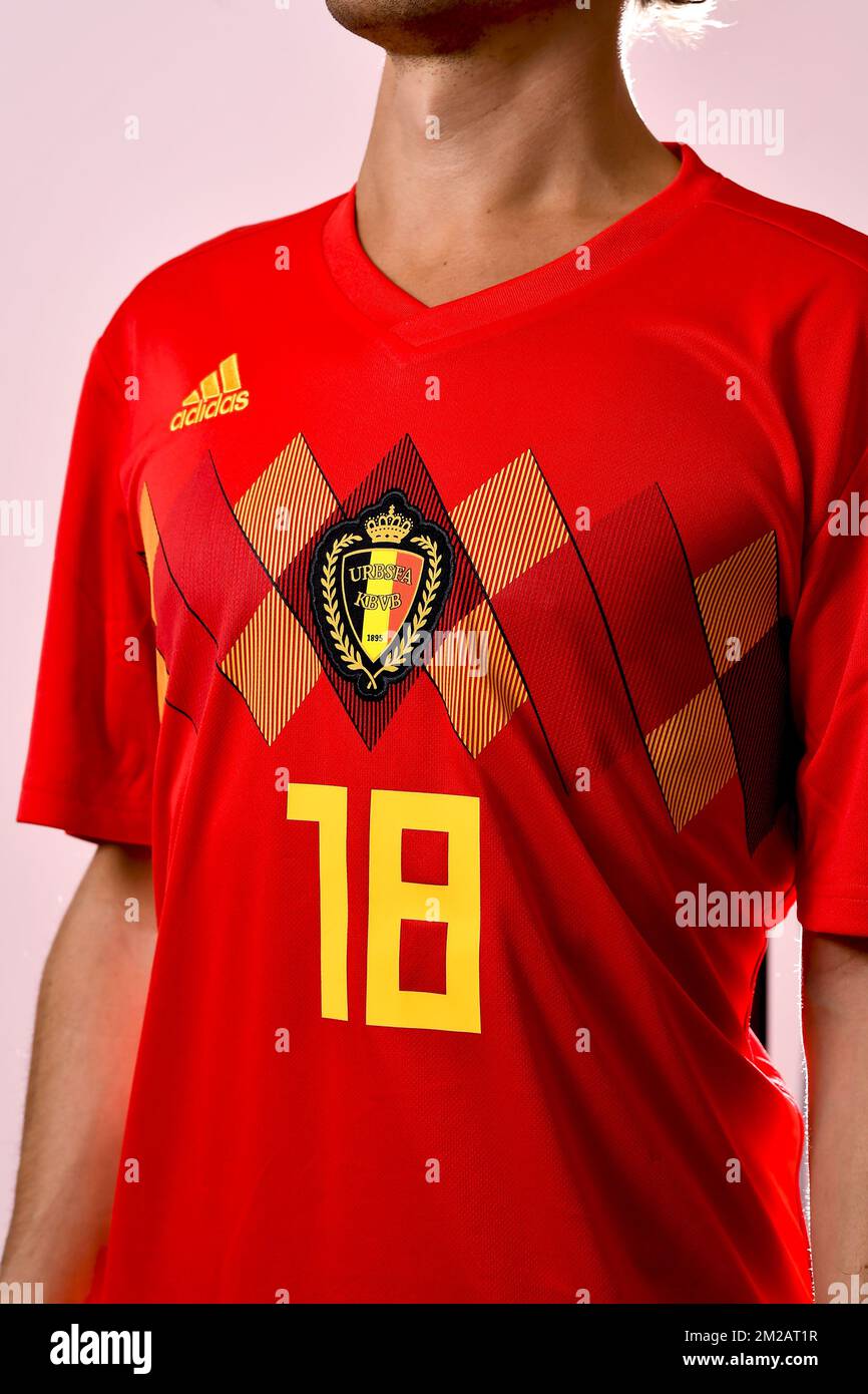 Illustration picture shows the new shirt of Belgian national soccer team Red Devils, Monday 06 November 2017, in Brussels. BELGA PHOTO DIRK WAEM Stock Photo