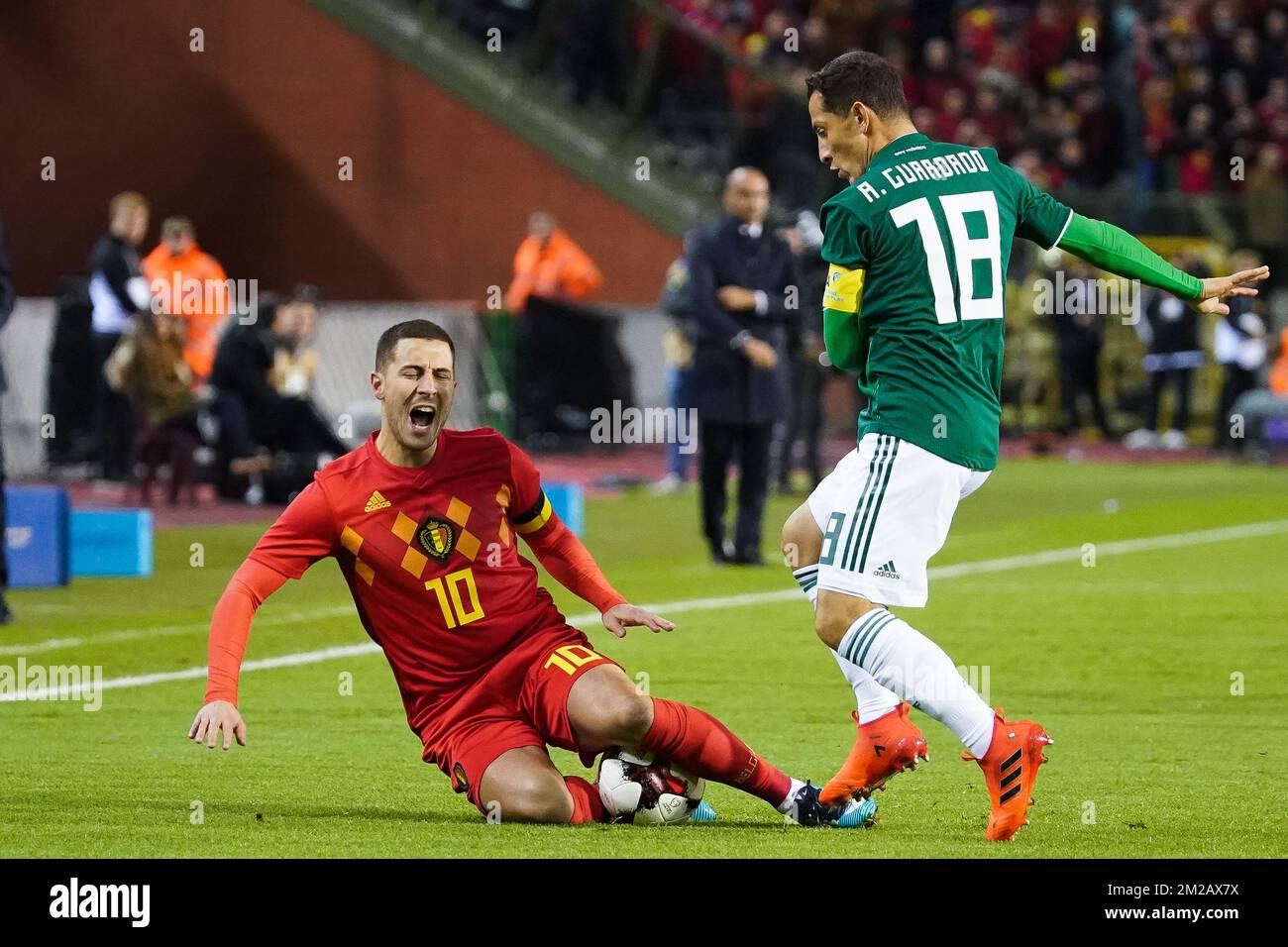 Belgium's Eden Hazard and Mexico's Andres Guardado fight for the ball during a friendly soccer game between Belgian national team Red Devils and Mexico, Friday 10 November 2017, in Brugge. BELGA PHOTO BRUNO FAHY Stock Photo