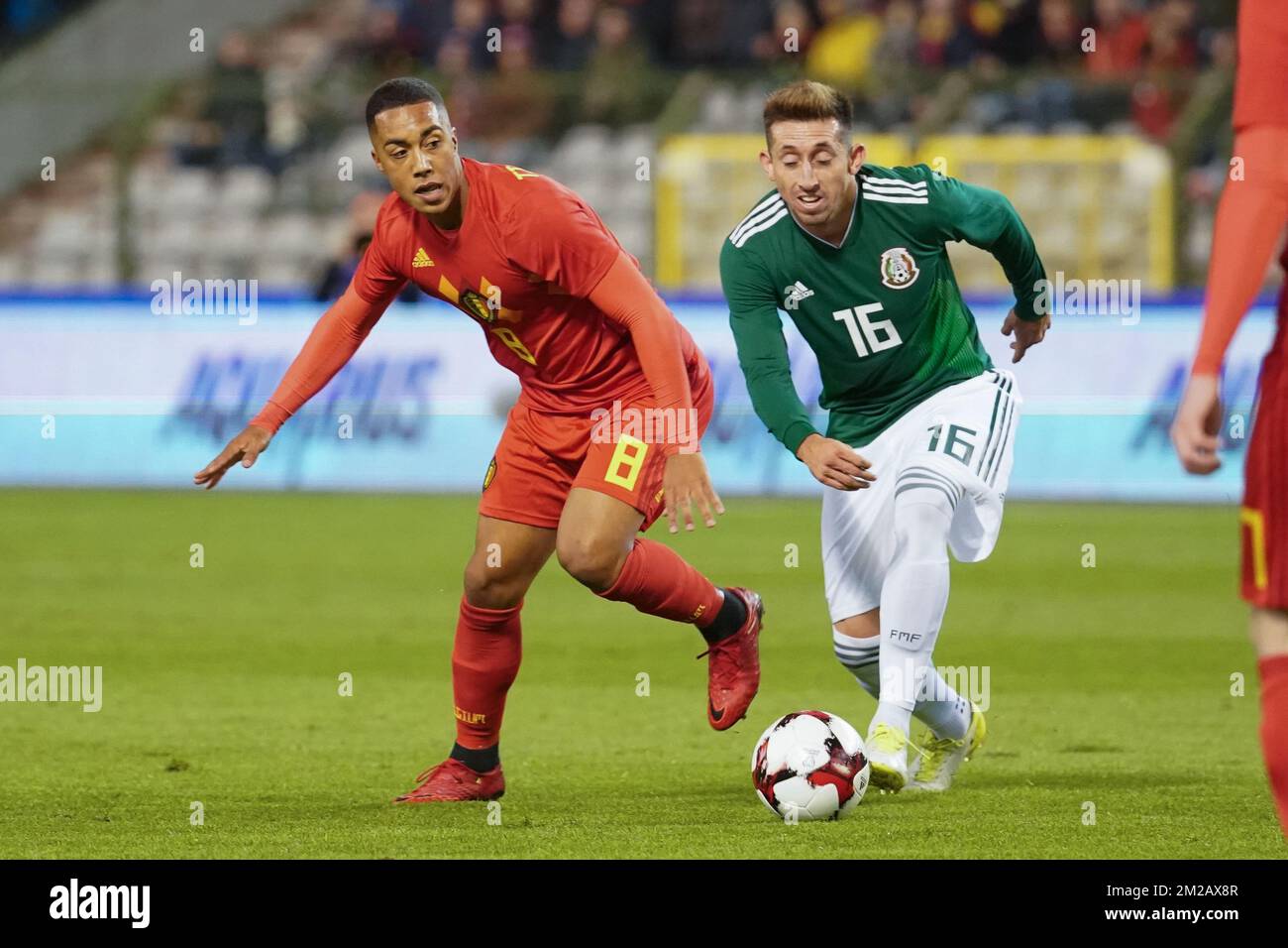 Belgium's Youri Tielemans and Mexico's Hector Herrera fight for the ball during a friendly soccer game between Belgian national team Red Devils and Mexico, Friday 10 November 2017, in Brugge. BELGA PHOTO BRUNO FAHY Stock Photo