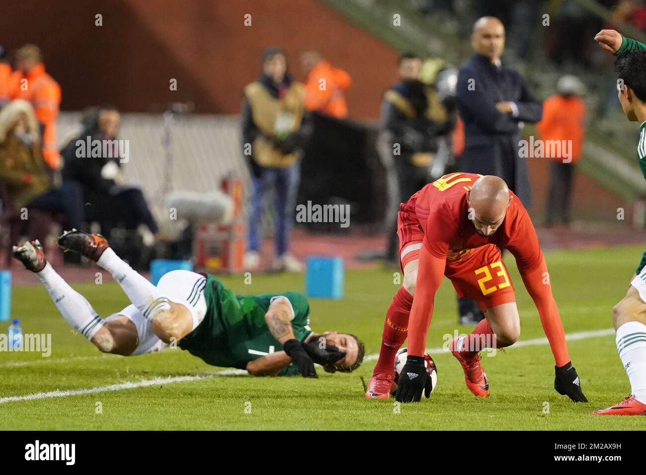 Mexico's Miguel Layun and Belgium's Laurent Ciman fight for the ball during a friendly soccer game between Belgian national team Red Devils and Mexico, Friday 10 November 2017, in Brugge. BELGA PHOTO BRUNO FAHY Stock Photo