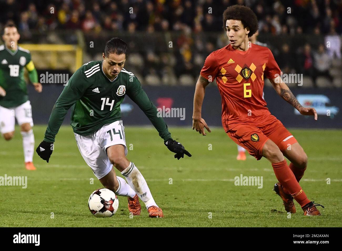 Mexico's Javier Hernandez 'Chicharito' and Belgium's Axel Witsel pictured in action during a friendly soccer game between Belgian national team Red Devils and Mexico, Friday 10 November 2017, in Brugge. BELGA PHOTO DIRK WAEM  Stock Photo