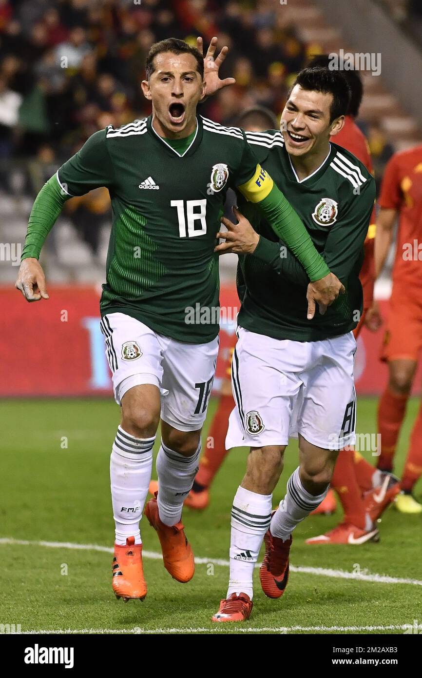 Mexico's Andres Guardado and Mexico's Hirving Lozano celebrate after Guardado scored from penalty during a friendly soccer game between Belgian national team Red Devils and Mexico, Friday 10 November 2017, in Brugge. BELGA PHOTO DIRK WAEM Stock Photo