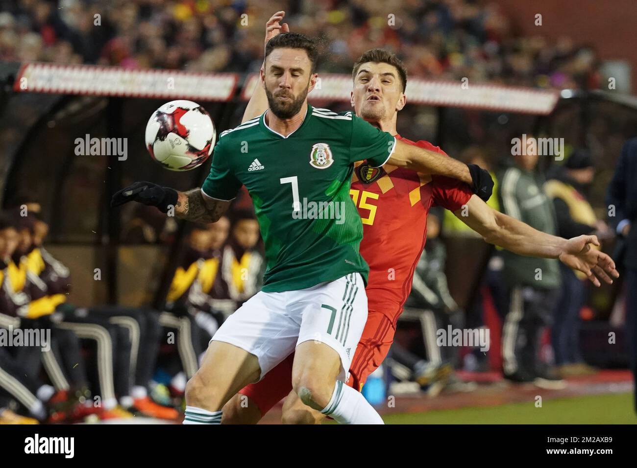 Mexico's Miguel Layun and Belgium's Thomas Meunier fight for the ball during a friendly soccer game between Belgian national team Red Devils and Mexico, Friday 10 November 2017, in Brugge. BELGA PHOTO BRUNO FAHY Stock Photo