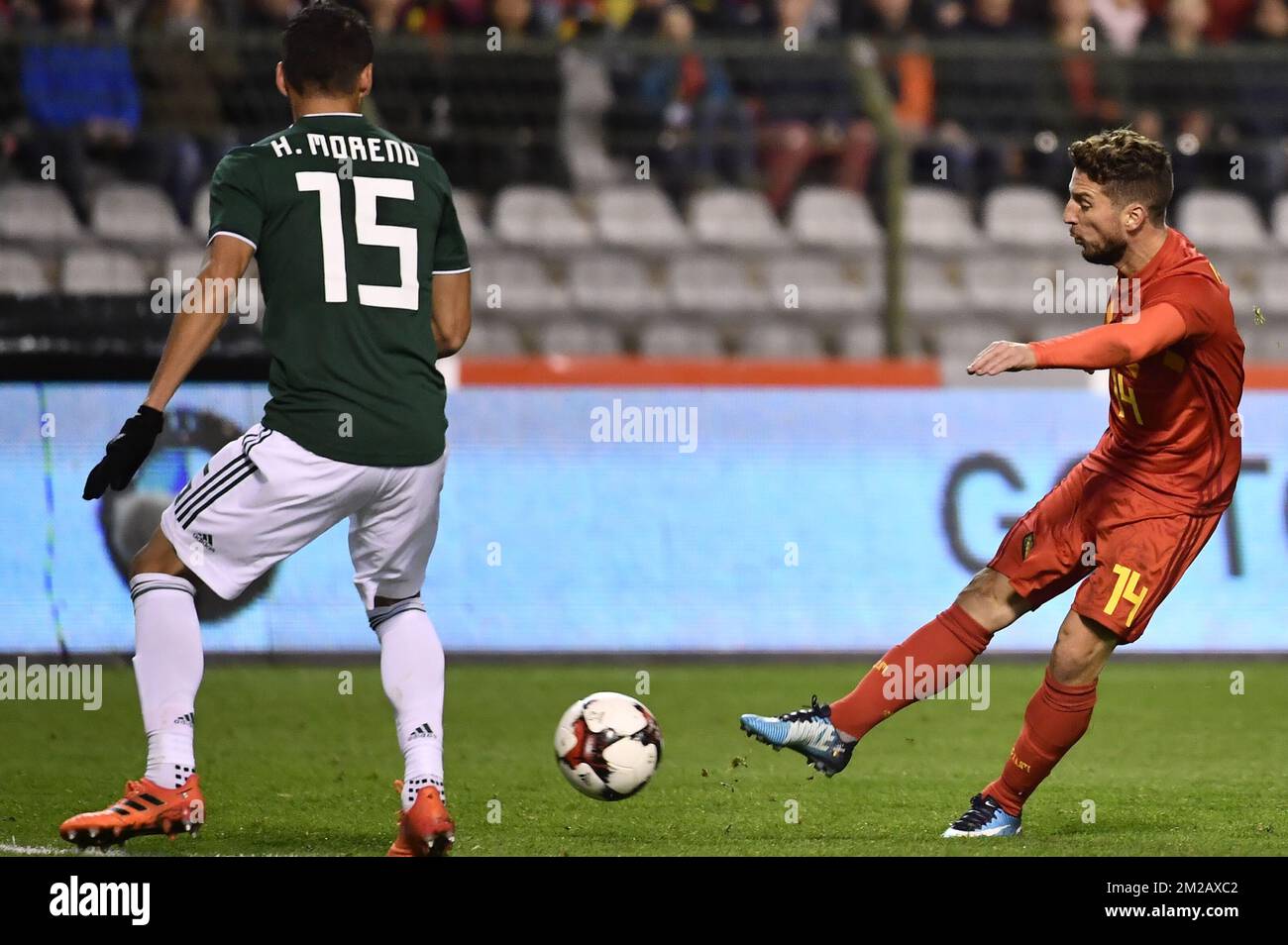 Mexico's Hector Moreno and Belgium's Dries Mertens pictured in action during a friendly soccer game between Belgian national team Red Devils and Mexico, Friday 10 November 2017, in Brugge. BELGA PHOTO DIRK WAEM Stock Photo