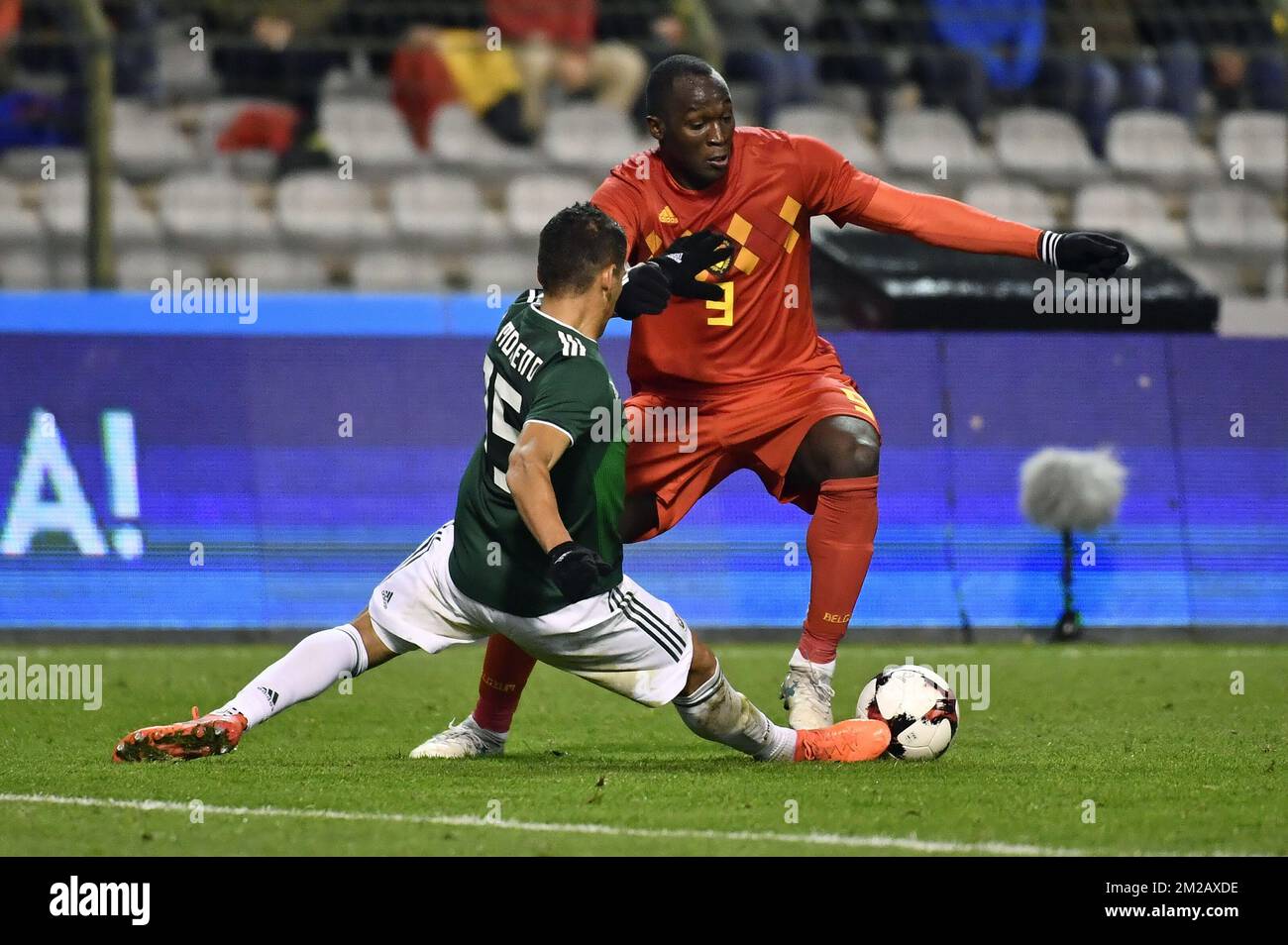 Mexico's Hector Moreno and Belgium's Romelu Lukaku pictured in action during a friendly soccer game between Belgian national team Red Devils and Mexico, Friday 10 November 2017, in Brugge. BELGA PHOTO DIRK WAEM Stock Photo