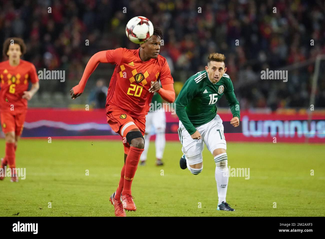 Belgium's Dedryck Boyata and Mexico's Hector Herrera fight for the ball during a friendly soccer game between Belgian national team Red Devils and Mexico, Friday 10 November 2017, in Brugge. BELGA PHOTO BRUNO FAHY Stock Photo