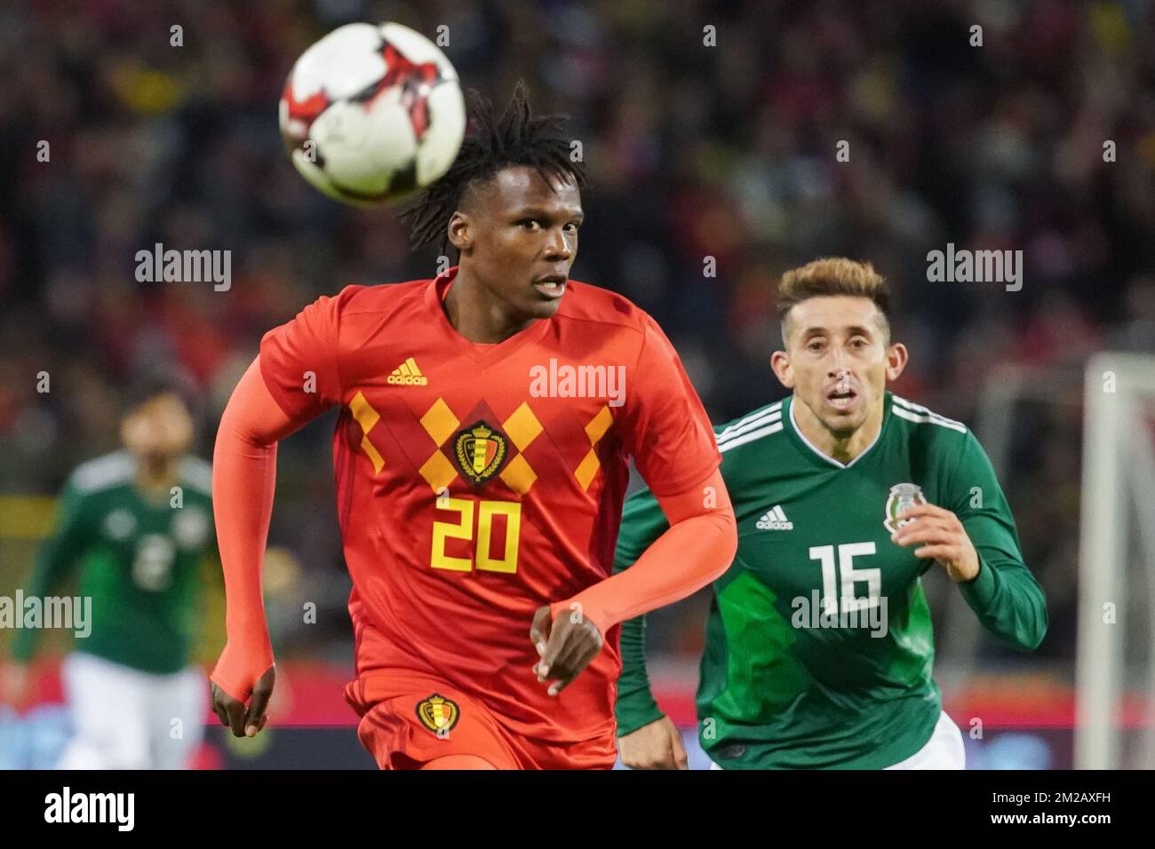 Belgium's Dedryck Boyata and Mexico's Hector Herrera fight for the ball during a friendly soccer game between Belgian national team Red Devils and Mexico, Friday 10 November 2017, in Brussels. BELGA PHOTO BRUNO FAHY Stock Photo