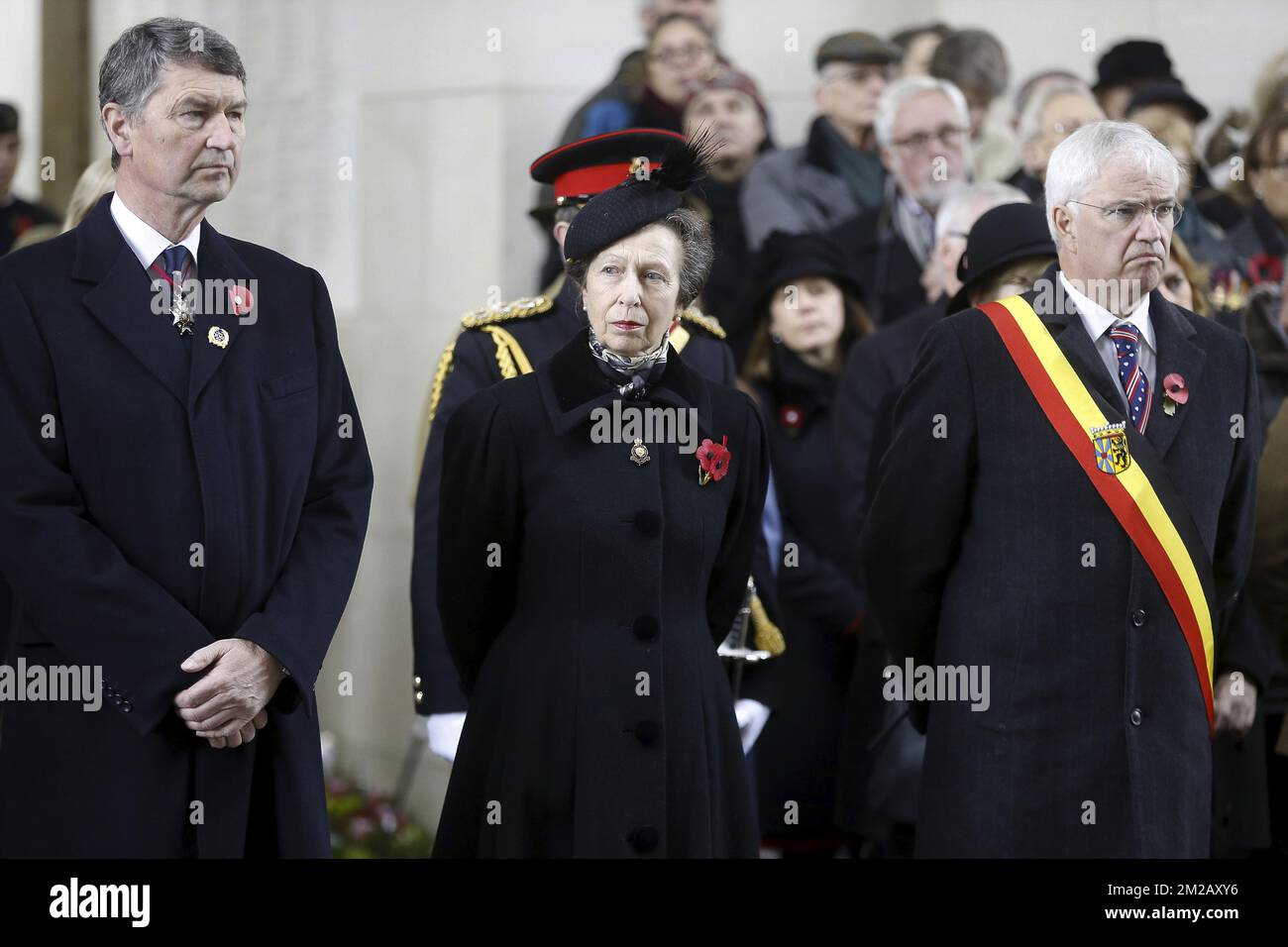 Sir Timothy Laurence, Britain's Princess Anne and West-Flanders province governor Carl Decaluwe pictured during the Last Post ceremony at the Commonwealth War Graves Commission Ypres Memorial at the Menenpoort in Ieper (Menin Gate, Ypres) on the occasion of Armistice Day, Saturday 11 November 2017. BELGA PHOTO NICOLAS MAETERLINCK Stock Photo