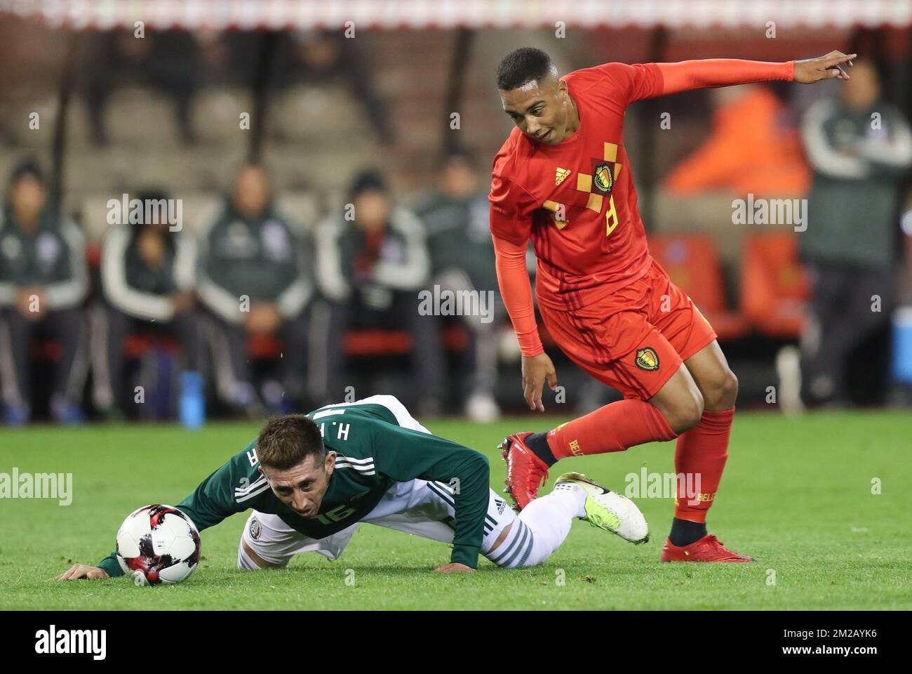 Mexico's Hector Herrera and Belgium's Youri Tielemans fight for the ball during a friendly soccer game between Belgian national team Red Devils and Mexico, Friday 10 November 2017, in Brugge. BELGA PHOTO VIRGINIE LEFOUR Stock Photo