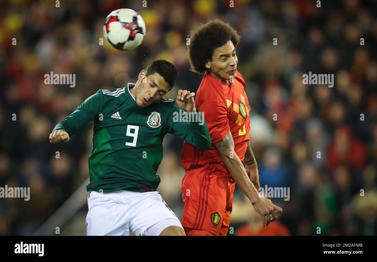 Mexico's Raul Jimenez and Belgium's Axel Witsel fight for the ball during a friendly soccer game between Belgian national team Red Devils and Mexico, Friday 10 November 2017, in Brugge. BELGA PHOTO VIRGINIE LEFOUR Stock Photo