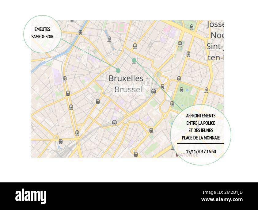 Infographic in French shows the locations of face offs between the police and youngsters, in the city center of Brussels, Wednesday 15 November 2017 and Saturday November 11th. BELGA PHOTO LAURIE DIEFFEMBACQ  Stock Photo