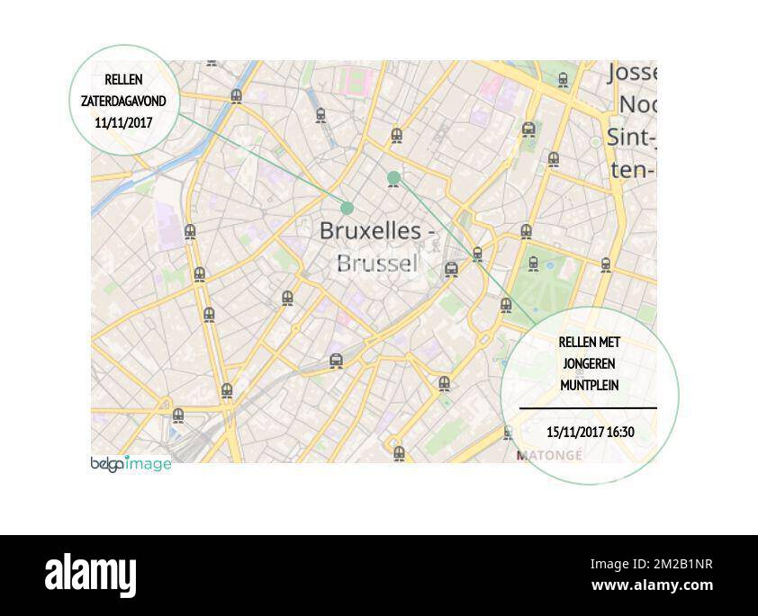 Infographic in Dutch shows the locations of face offs between the police and youngsters, in the city center of Brussels, Wednesday 15 November 2017 and Saturday November 11th. BELGA PHOTO PHILIPPE FRANCOIS  Stock Photo