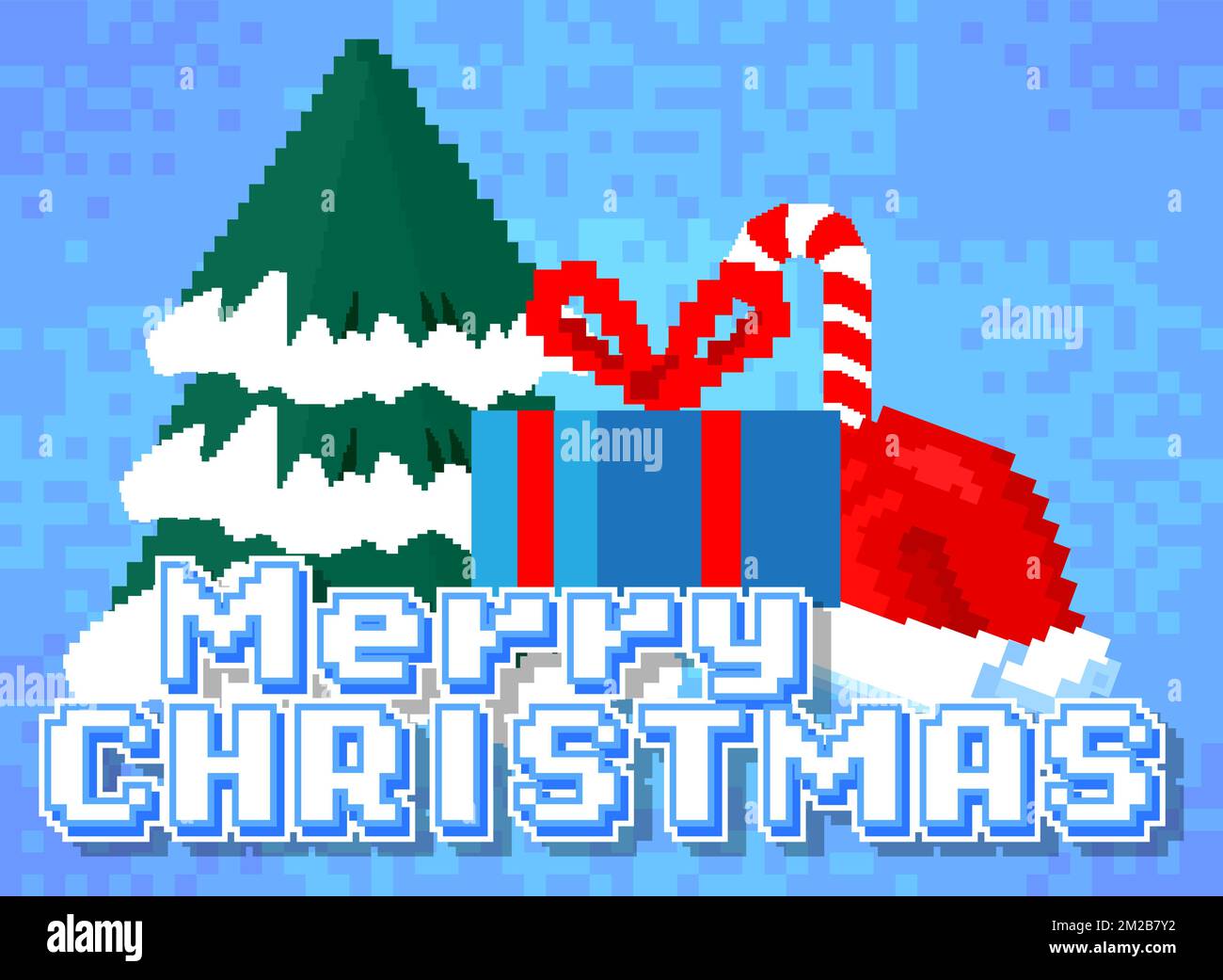 Merry Christmas. Pixelated word with geometric graphic background. Vector cartoon illustration. Stock Vector