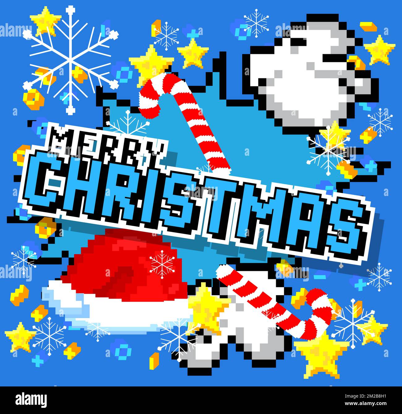 Merry Christmas. Pixelated word with geometric graphic background. Vector cartoon illustration. Stock Vector
