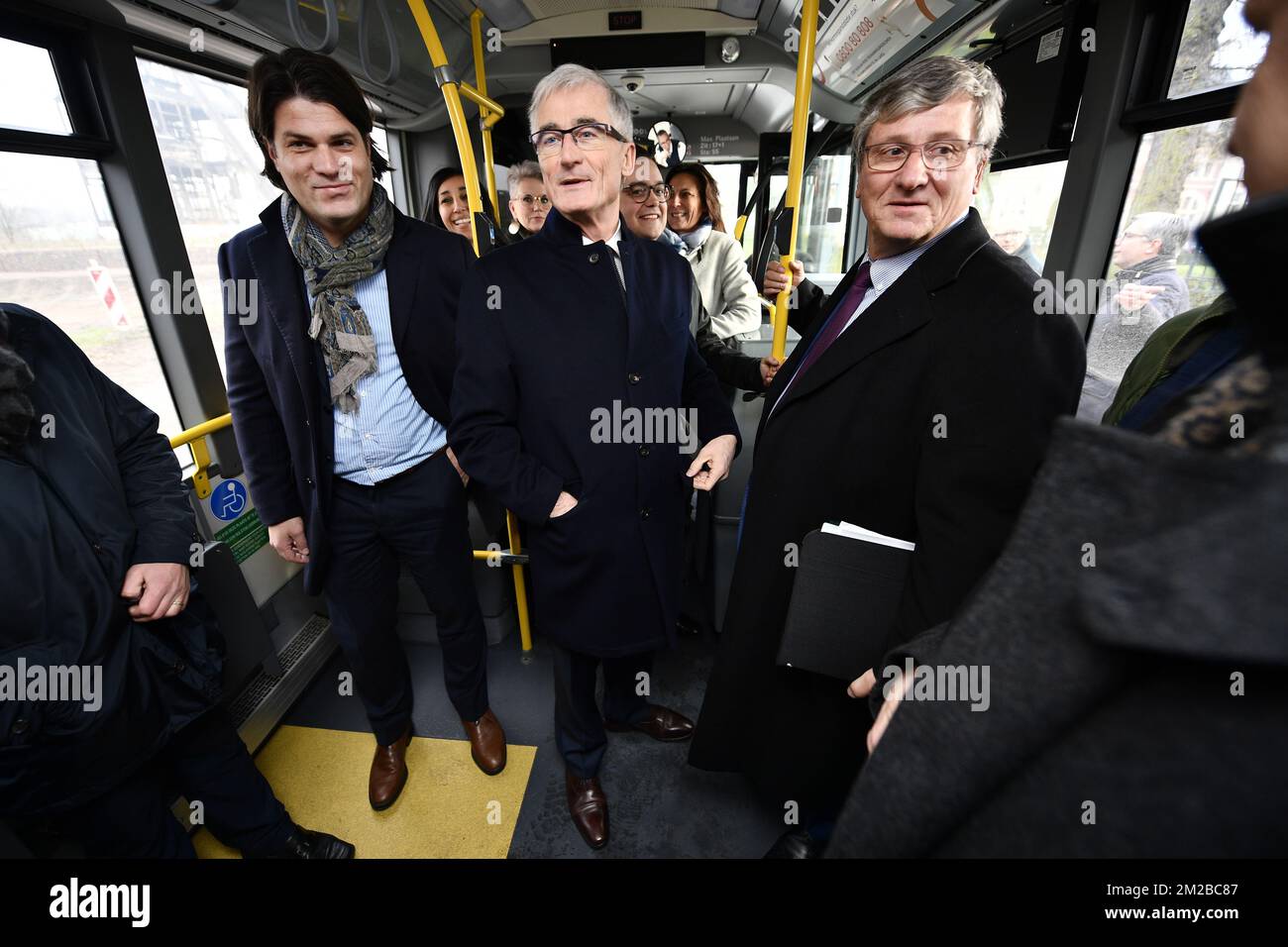 Limburg deputy Igor Philtjens, Flemish Minister-President Geert Bourgeois and LRM chairman Hugo Leroi pictured on the bus after a Minister's council of the Flemish Government, in Terhills Hotel in Maasmechelen, Friday 01 December 2017. BELGA PHOTO YORICK JANSENS Stock Photo