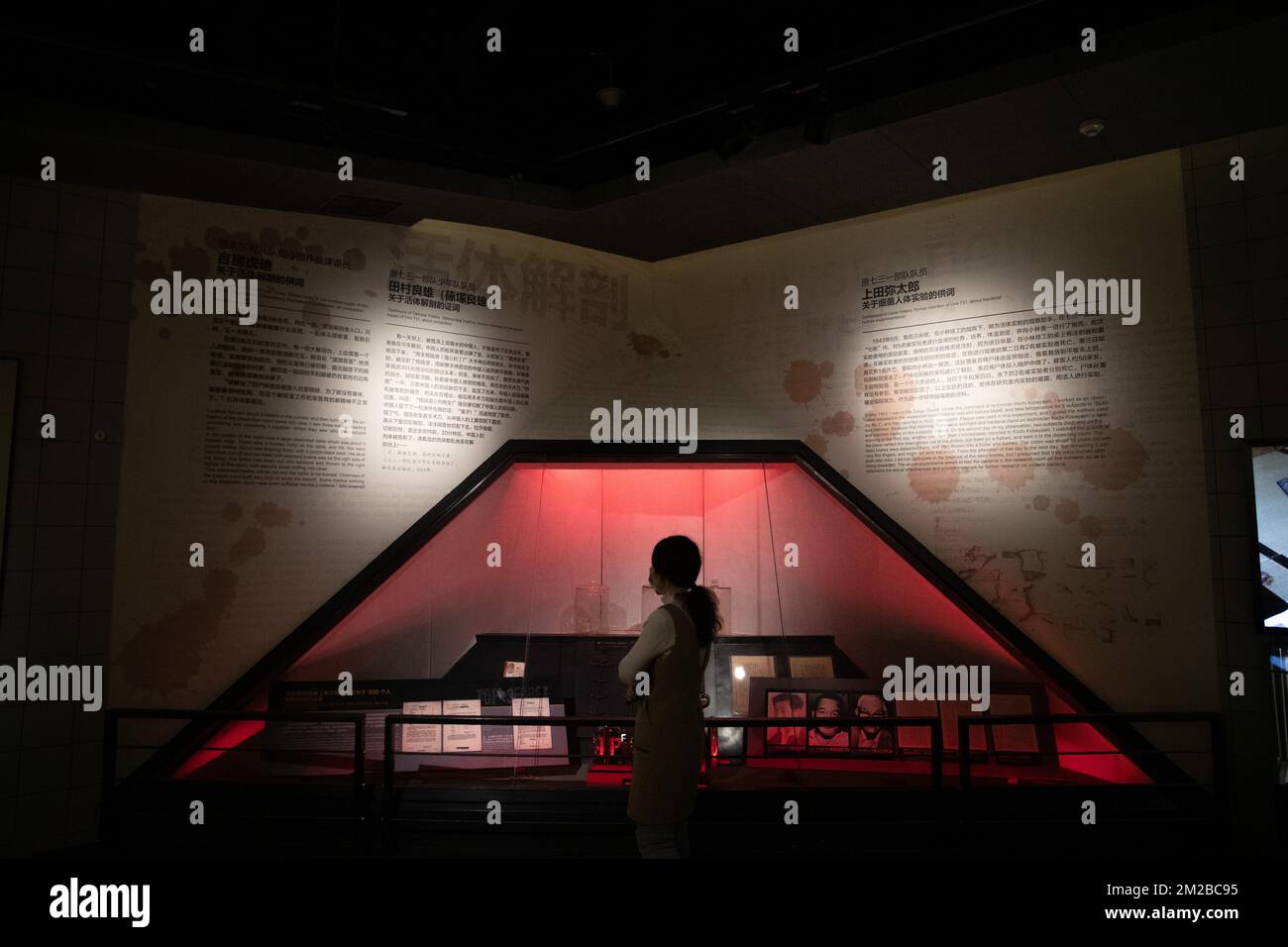 (221214) -- HARBIN, Dec. 14, 2022 (Xinhua) -- A staff member works at an exhibition hall at the Museum of Evidence of War Crimes by the Japanese Army Unit 731 in Harbin, capital of northeast China's Heilongjiang Province, Dec. 10, 2022. More than 20,000 pieces of artifacts and documents are on exhibit for the first time in a museum in northeast China's Heilongjiang Province, testifying crimes against humanity by the notorious Japanese germ warfare army known as Unit 731 during the World War II. Following a preparation since September, the Museum of Evidence of War Crimes by the Japanese Arm Stock Photo