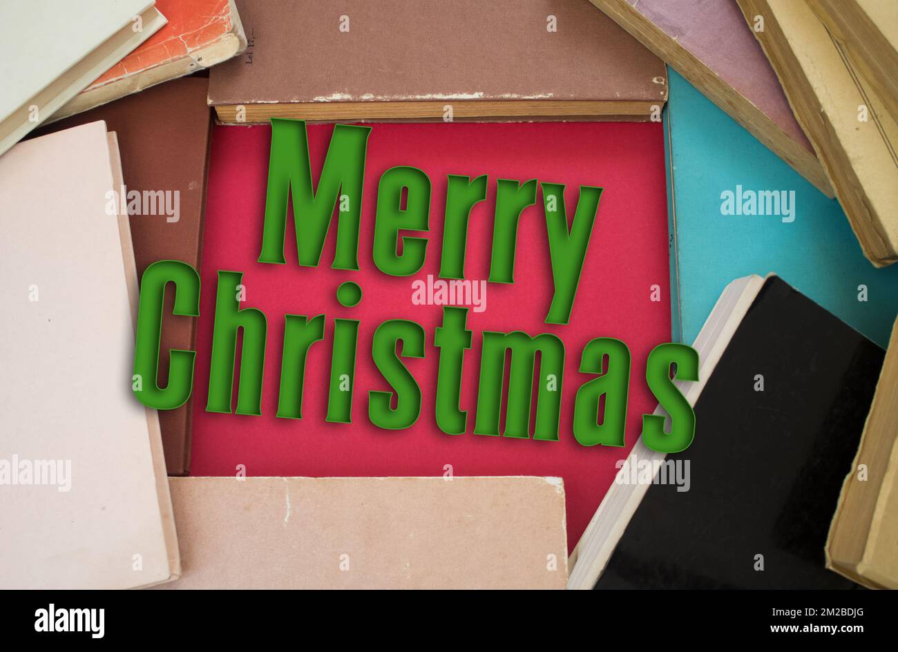 Merry Christmas word in opened book with vintage, natural patterns old antique paper design. Stock Photo
