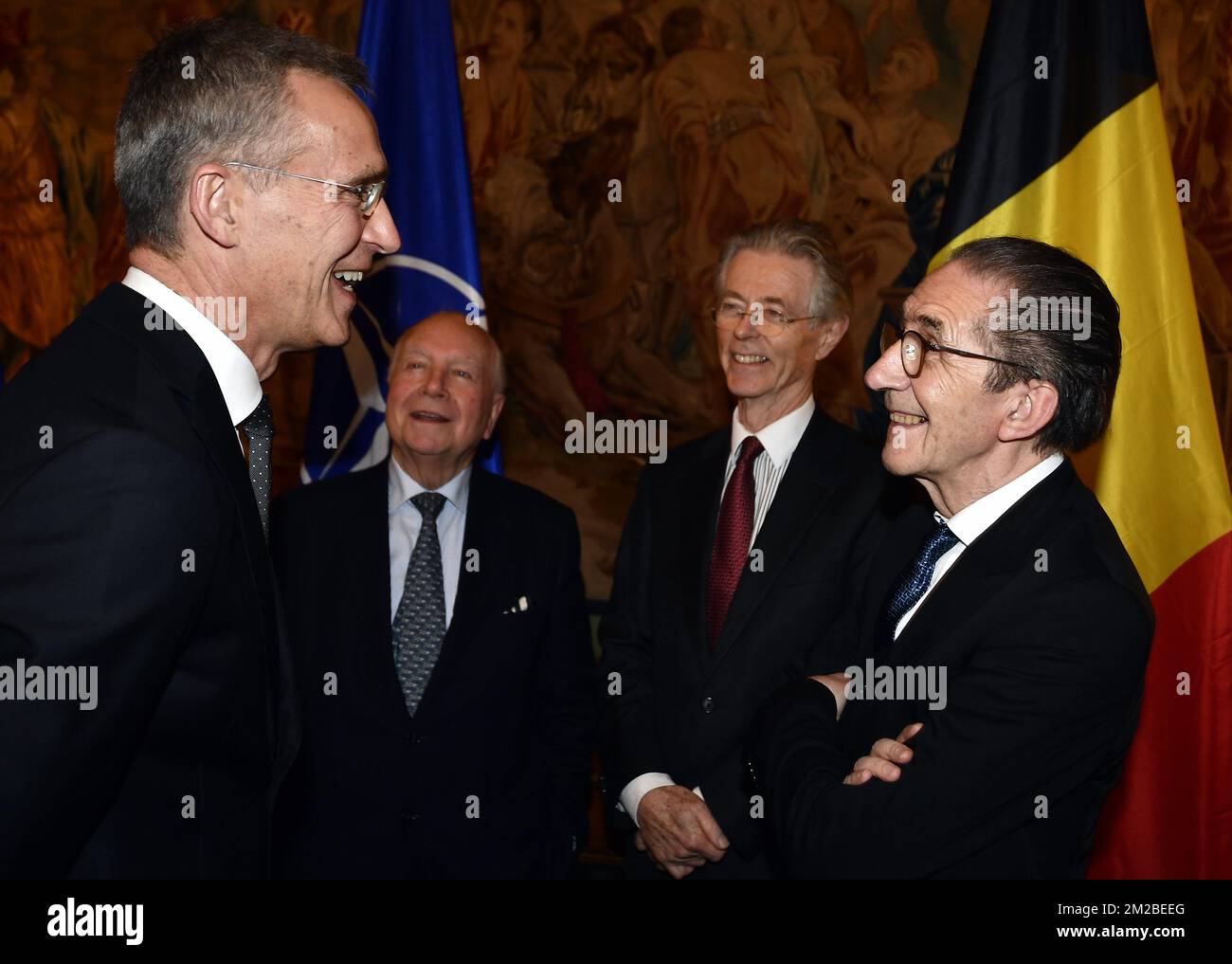 NATO Secretary General Jens Stoltenberg (L), Mark Eyskens (2L) and Willy Claes (R) pictured during a celebration on the 50th anniversary of the 'Harmel Doctrine', Tuesday 05 December 2017 in Brussels. The late Belgian Minister of Foreign Affairs Pierre Harmel wrote the 'Future Tasks of the Alliance', envisioning a greater role for the NATO in ensuring worldwide peace and stability. BELGA PHOTO ERIC LALMAND Stock Photo