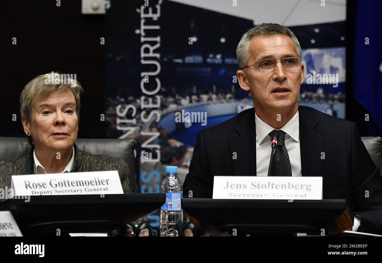 Deputy Secretary General of NATO, Rose Eilene Gottemoeller and NATO Secretary General Jens Stoltenberg pictured during a celebration on the 50th anniversary of the 'Harmel Doctrine', Tuesday 05 December 2017 in Brussels. The late Belgian Minister of Foreign Affairs Pierre Harmel wrote the 'Future Tasks of the Alliance', envisioning a greater role for the NATO in ensuring worldwide peace and stability. BELGA PHOTO ERIC LALMAND Stock Photo