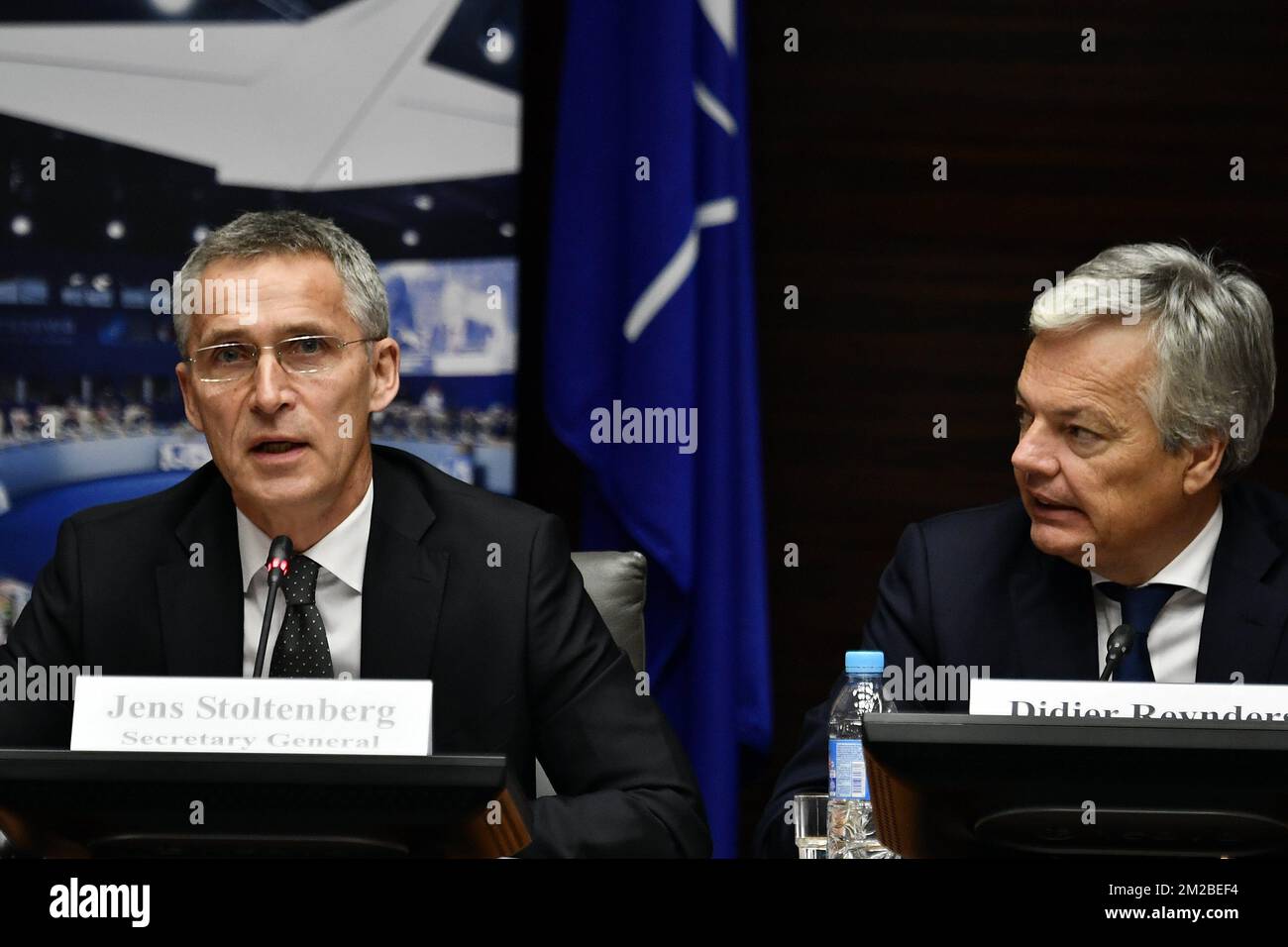 NATO Secretary General Jens Stoltenberg and Vice-Prime Minister and Foreign Minister Didier Reynders pictured during a celebration on the 50th anniversary of the 'Harmel Doctrine', Tuesday 05 December 2017 in Brussels. The late Belgian Minister of Foreign Affairs Pierre Harmel wrote the 'Future Tasks of the Alliance', envisioning a greater role for the NATO in ensuring worldwide peace and stability. BELGA PHOTO ERIC LALMAND Stock Photo