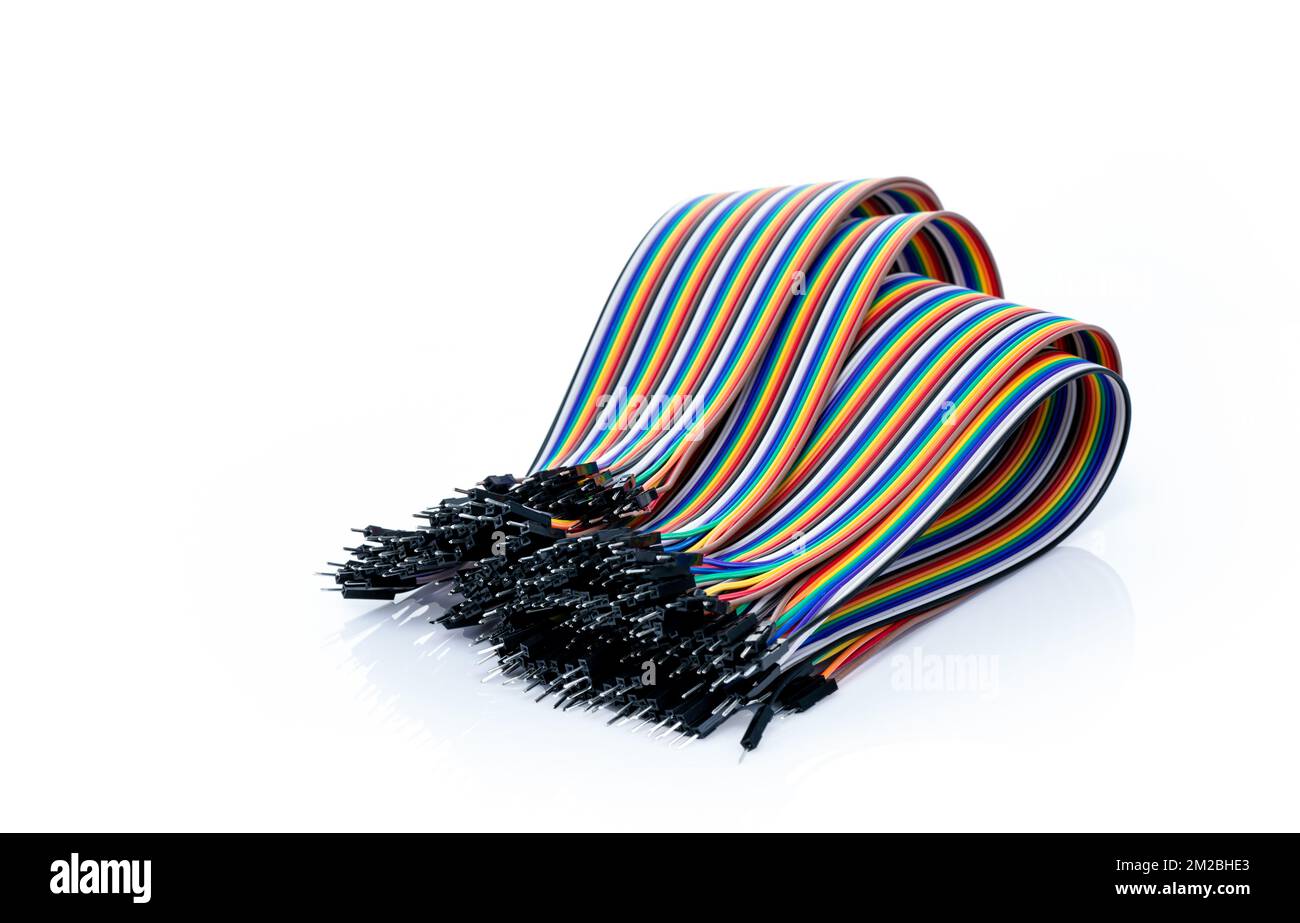 Ribbon cable or multiwire planar cable on white background. Flat