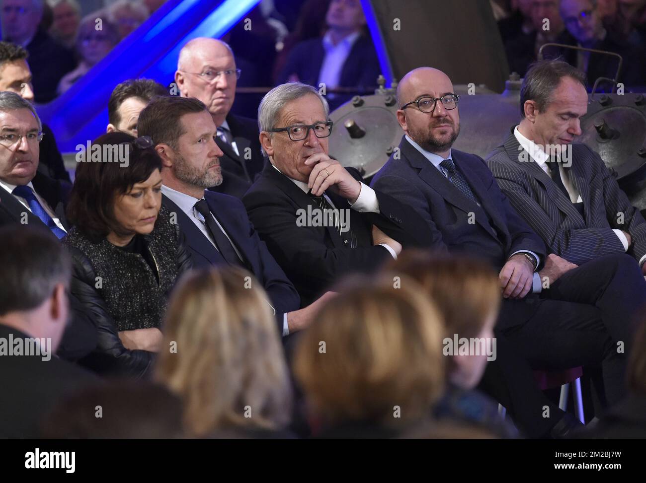 cdH's Joelle Milquet, Charleroi's mayor Paul Magnette, European Commission President Jean-Claude Juncker and Belgian Prime Minister Charles Michel attend a tribute ceremony for cdH politician Philippe Maystadt at the Bois du Casier in Marcinelle, Monday 11 December 2017. BELGA PHOTO JOHN THYS Stock Photo