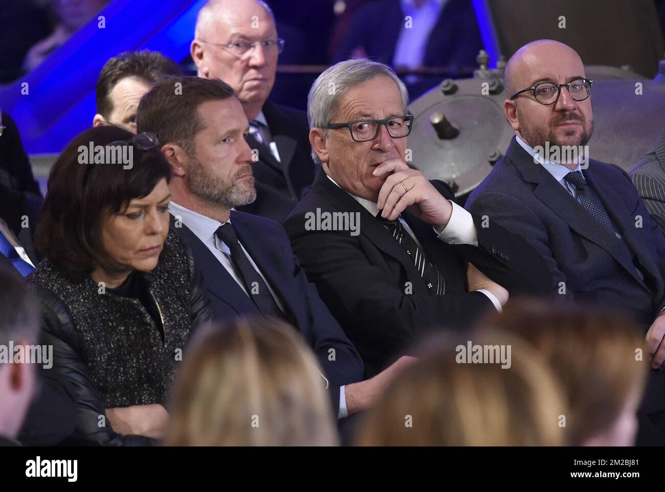 cdH's Joelle Milquet, Charleroi's mayor Paul Magnette, European Commission President Jean-Claude Juncker and Belgian Prime Minister Charles Michel attend a tribute ceremony for cdH politician Philippe Maystadt at the Bois du Casier in Marcinelle, Monday 11 December 2017. BELGA PHOTO JOHN THYS Stock Photo