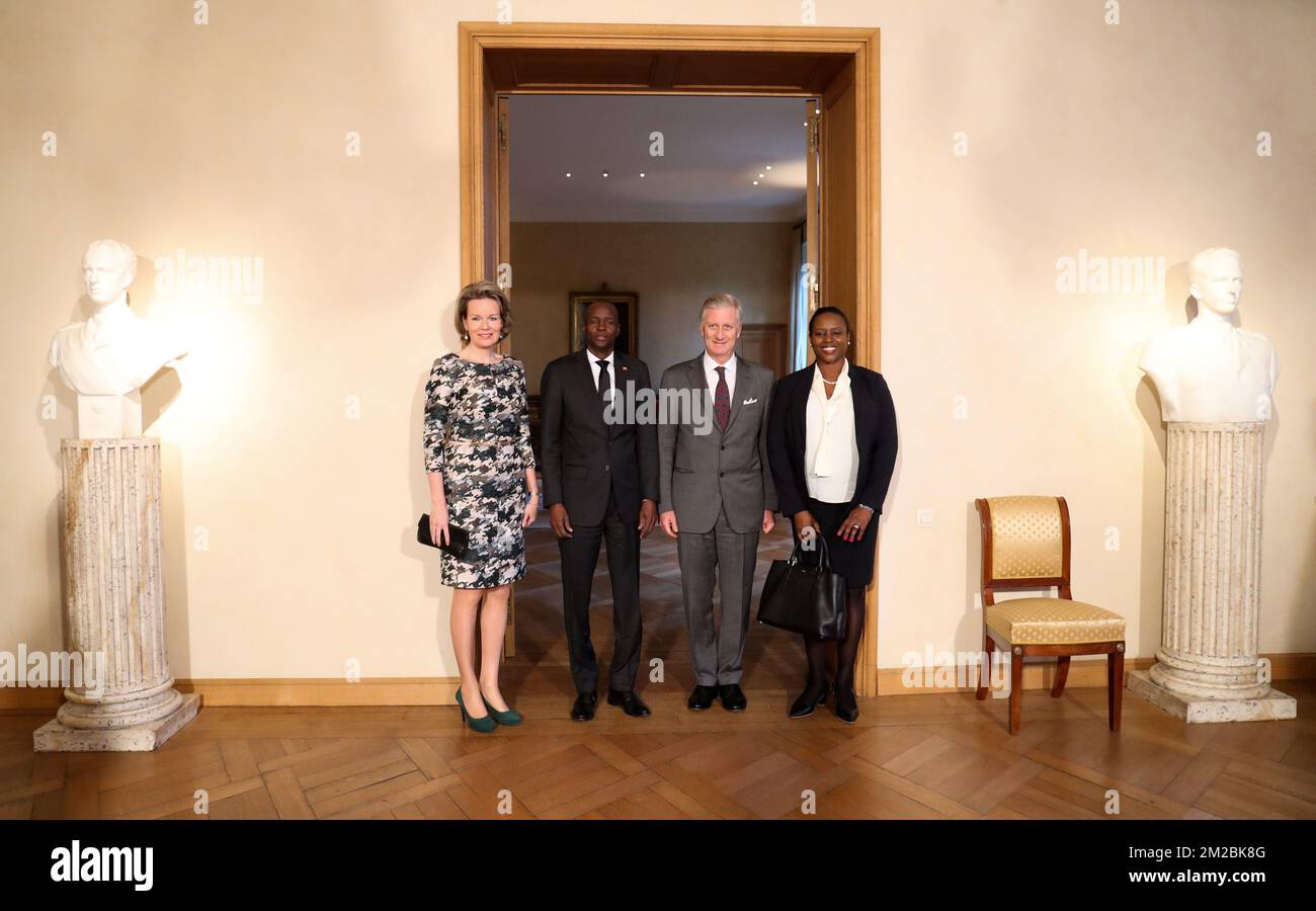 Queen Mathilde of Belgium, Haiti President Jovenel Moise, King Philippe - Filip of Belgium and Haiti First Lady Martine Marie Etienne Joseph poses for the photographer during an audience with the President of the Republic of Haiti at the Royal Palace, in Brussels, Thursday 14 December 2017. BELGA PHOTO VIRGINIE LEFOUR Stock Photo