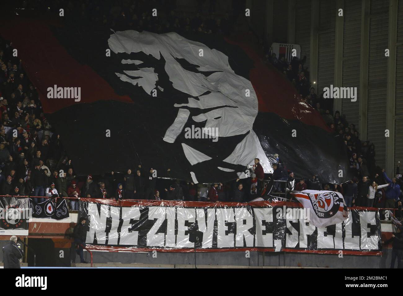 Illustration picture shows a tifo of Raymond Goethals during a soccer game between RWDM Molenbeek and FC Liege, in the second amateur class, Saturday 16 December 2017 in Brussels. BELGA PHOTO NICOLAS MAETERLINCK Stock Photo