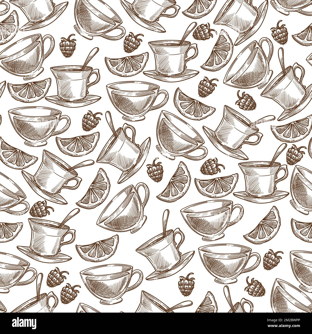 Herbal tea, hot beverage with raspberry and lemon slice Stock Vector