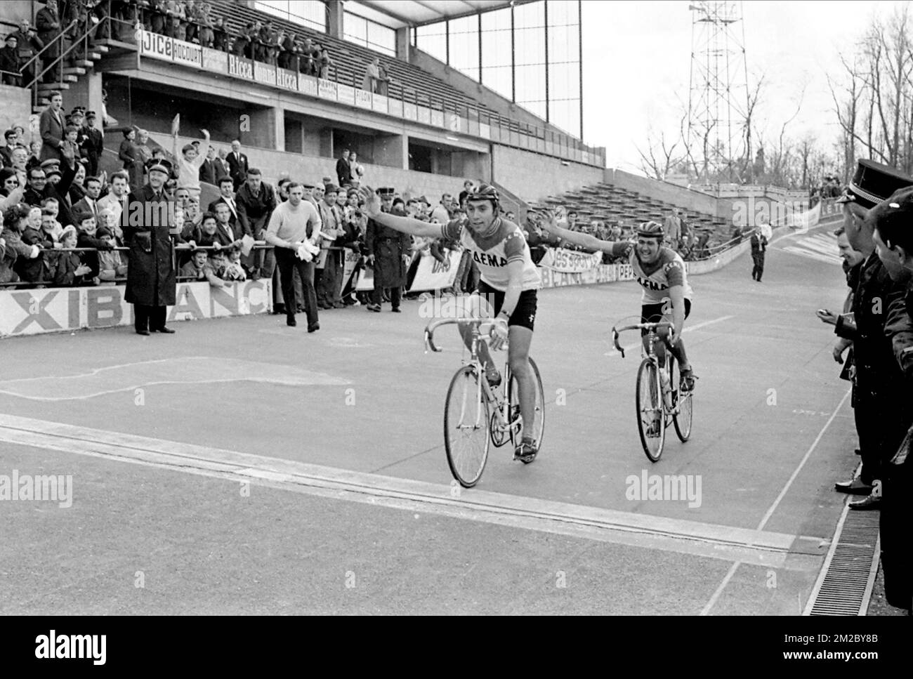 Belgian cycling champion Eddy Merckx wins the Liege - Bastogne - Liege cycling race in 1969. Stock Photo