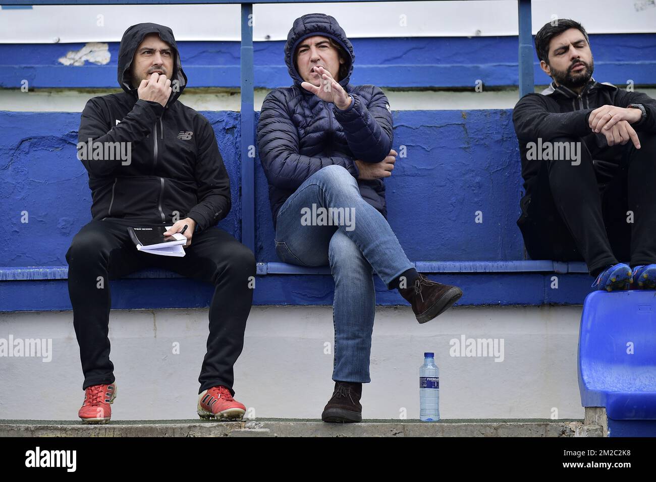Standard's assistant coach Rui Mota, Standard's head coach Ricardo Sa Pinto and Standard's physical coach Jose Guilherme Oliveira Kruss Gomes pictured sitting in the stands during a friendly soccer game between Belgian first division team Standard de Liege and German club Fortuna Dusseldorf on day five of the winter training camp in Marbella, Spain, Tuesday 09 January 2018. BELGA PHOTO YORICK JANSENS Stock Photo