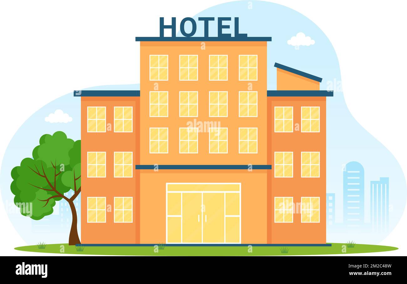 Skyscraper Hotel Building Flat Cartoon Hand Drawn Illustration Template with View on City Space of Street Panorama Design Stock Vector