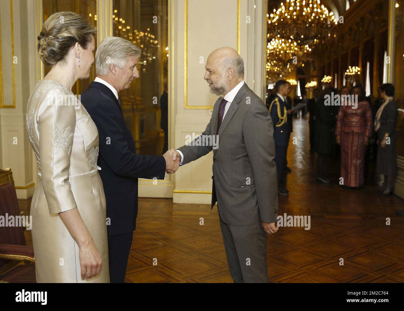 Queen Mathilde and King Philippe, Montenegro Vladimir Radulovico pictured during a New Year's reception organized by the Royal Family for the foreign diplomats and chiefs of mission (ambassadors and consuls) , accredited in Brussels, at the Royal Palace, in Brussels, Tuesday 16 January 2018. BELGA PHOTO NICOLAS MAETERLINCK Stock Photo