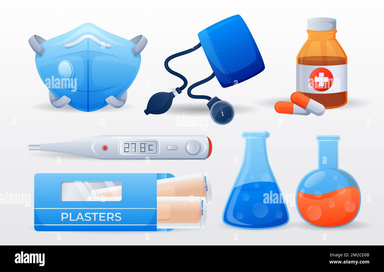 Set of medical and scientific equipments . N95 mask . Sphygmomanometer . Medicine bottle . Thermometer . Plasters . Test tube . Vector . Stock Vector