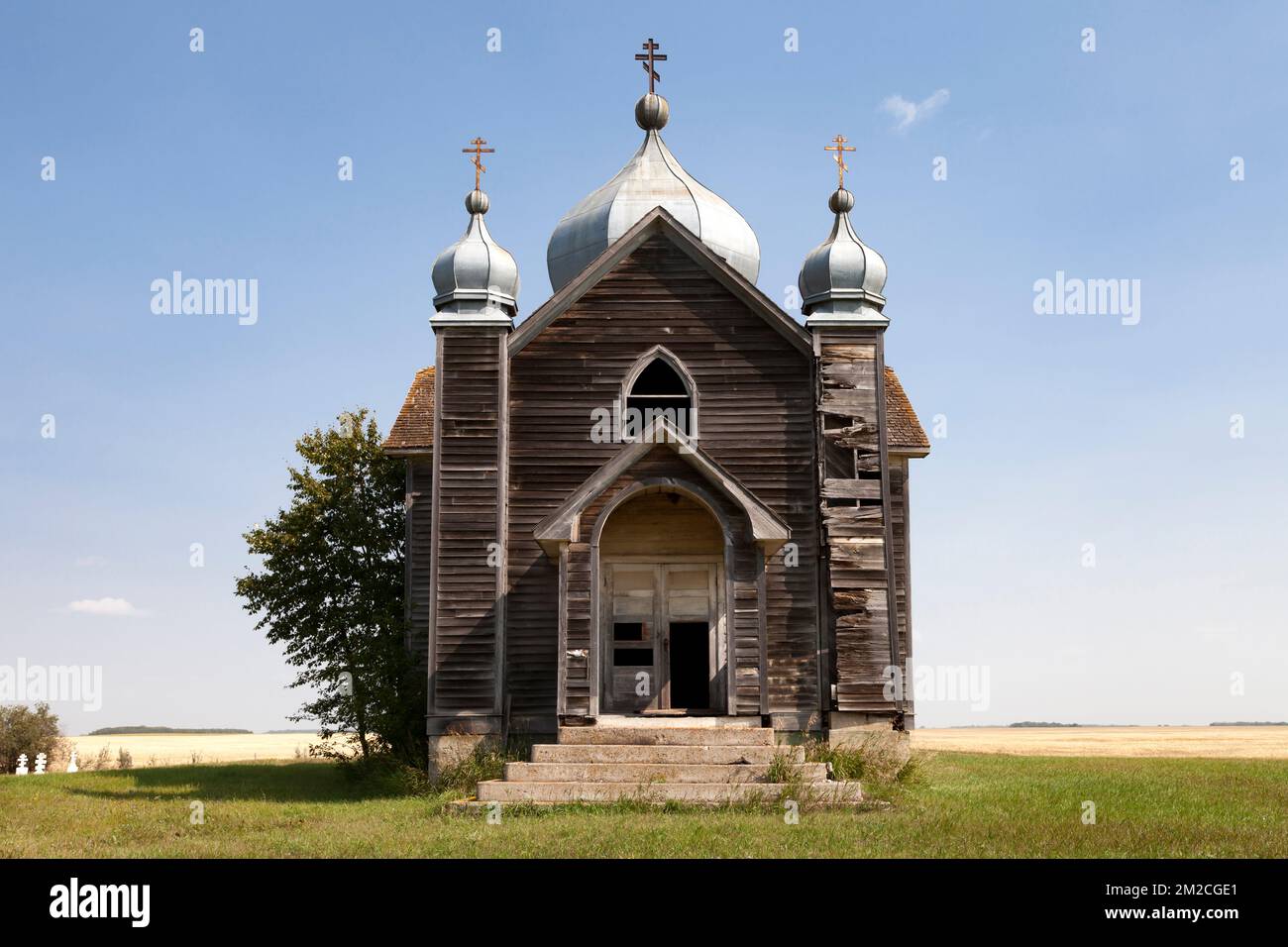 The abandoned Ukranian Orthodox Church of Kiev stands on the prairie