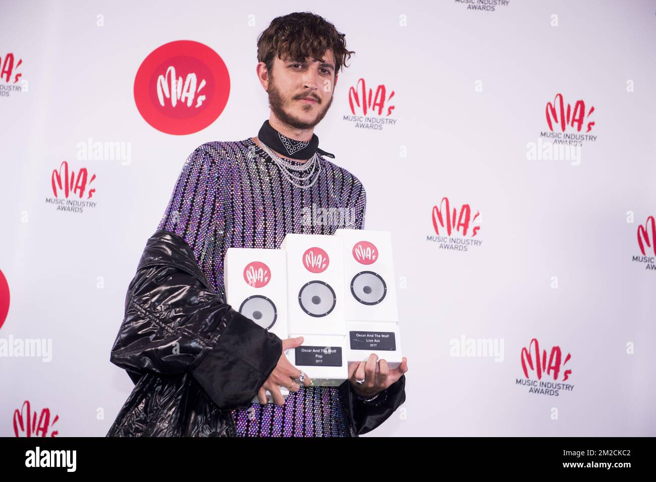 Artist Max Colombie aka Oscar and the Wolf with his awards at the eleventh edition of the MIA's (Music Industry Award) award show, in Brussels, Tuesday 30 January 2018. The MIA awards are handed out by the VRT and Kunstenpunt. BELGA PHOTO JASPER JACOBS Stock Photo