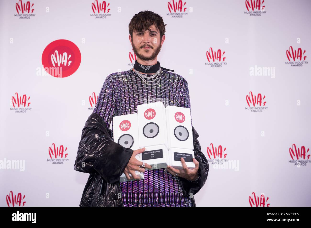 Artist Max Colombie aka Oscar and the Wolf with his awards at the eleventh edition of the MIA's (Music Industry Award) award show, in Brussels, Tuesday 30 January 2018. The MIA awards are handed out by the VRT and Kunstenpunt. BELGA PHOTO JASPER JACOBS Stock Photo