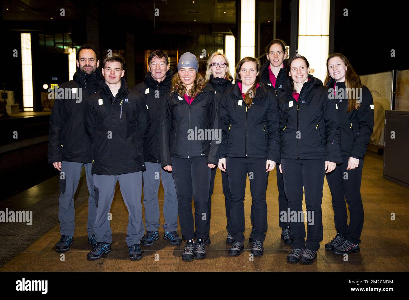 Snowboard team leader Tom Coeckelberghs, Belgian snowboarder Stef Vandeweyer, BOIC-COIB delegation leader Eddy De Smedt, Belgian skier Kim Vanreusel, Belgian bobsleigh breaker Sophie Vercruyssen, Belgian athlete Sara Aerts, Belgian bobsleigh pilot An Vannieuwenhuyse and Belgian bobsleigh breaker Shana Vanhaen pictured during the departure of athletes who will compete at the upcoming Winter Olympics, Saturday 03 February 2018 at the Antwerpen-Centraal train station. The XXIII Olympic Winter Games are taking place from 9 February to 25 February in Pyeongchang County, South Korea. BELGA PHOTO JAS Stock Photo