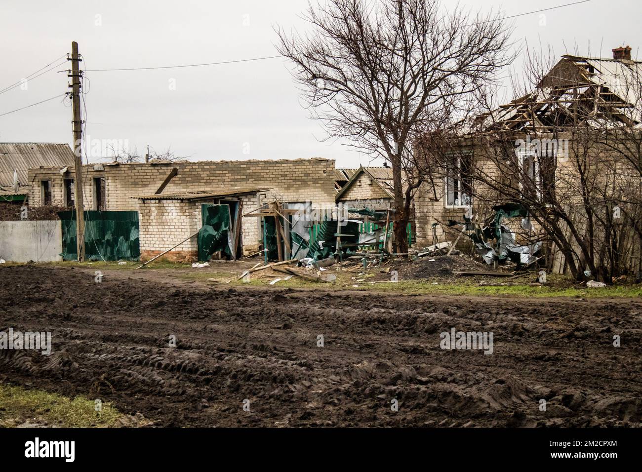 Cityscape of the destroyed village of Terny in the Donbass in Ukraine ...