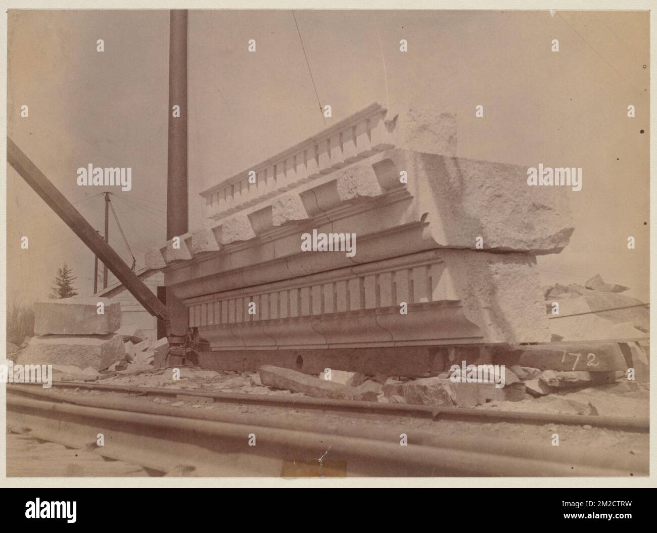 Cornice stone at Milford Quarry, construction of the McKim Building , Granite quarrying, Public libraries, Cornices, Boston Public Library Stock Photo