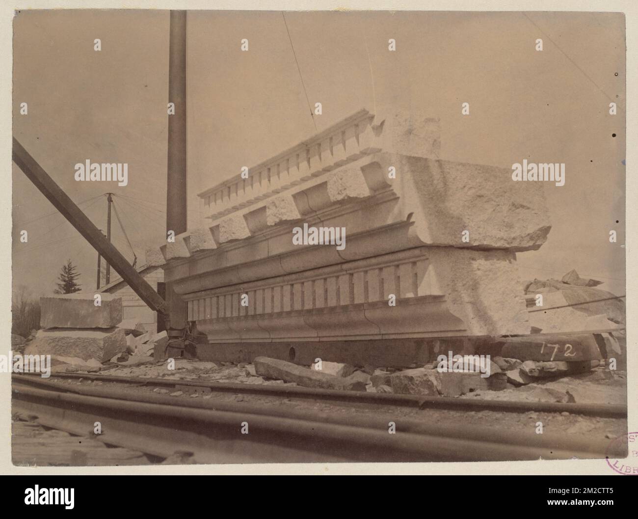 Cornice stone at Milford Quarry, construction of the McKim Building , Granite quarrying, Public libraries, Cornices, Boston Public Library Stock Photo