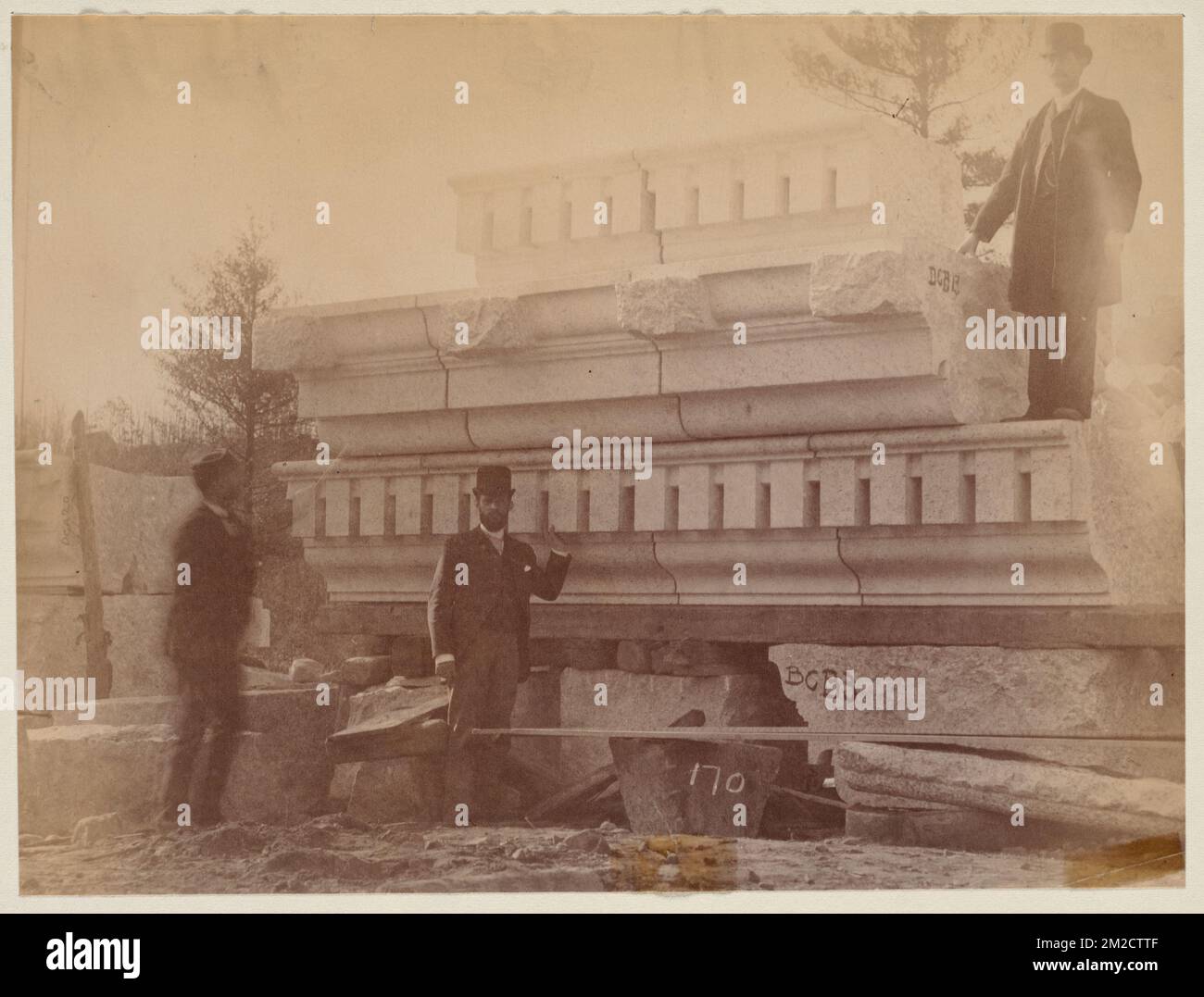 Cornice stone at Milford Quarry, construction of the McKim Building , Granite quarrying, Public libraries, Cornices, Boston Public Library Stock Photo