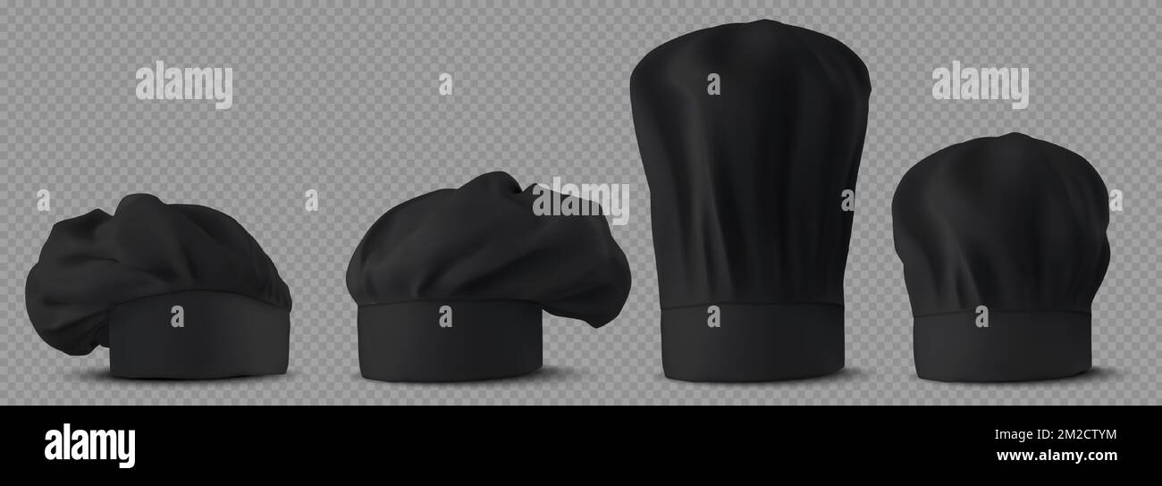 Black chef hats, cooker uniform in restaurant or cafe kitchen. Mockup