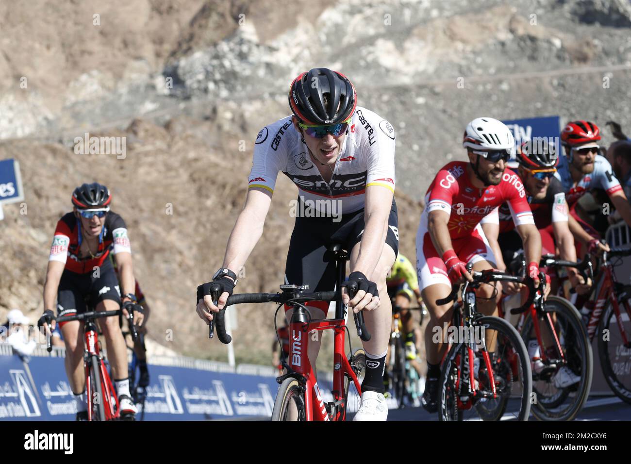 Belgian Nathan Van Hooydonck of BMC Racing Team pictured in action during stage 4 of the Dubai Tour 2018 cycling race, 172km from Dubai to Hatta Dam, United Arab Emirates, Friday 09 February 2018. The Dubai Tour 2018 is taking place from 6 to 10 February. BELGA PHOTO YUZURU SUNADA Stock Photo