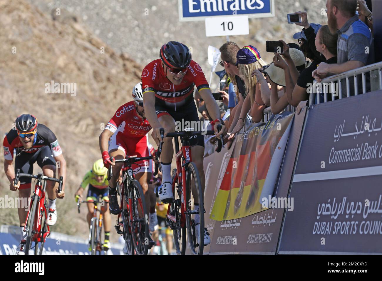 Belgian Loic Vliegen of BMC Racing Team pictured in action during stage 4 of the Dubai Tour 2018 cycling race, 172km from Dubai to Hatta Dam, United Arab Emirates, Friday 09 February 2018. The Dubai Tour 2018 is taking place from 6 to 10 February. BELGA PHOTO YUZURU SUNADA Stock Photo