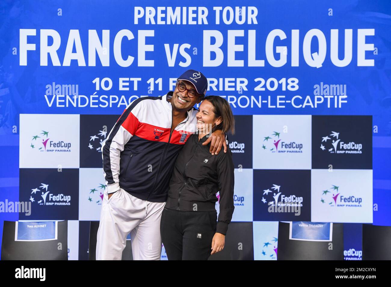 French Davis Cup captain Yannick Noah and Belgium's coach Dominique Monami  pictured during the drawing of this weekend's Fed Cup World Group Round 1  meeting between France and Belgium in La Roche-sur-Yon,