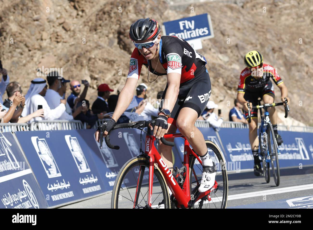 Belgian Dylan Teuns of BMC Racing Team pictured in action during stage 4 of the Dubai Tour 2018 cycling race, 172km from Dubai to Hatta Dam, United Arab Emirates, Friday 09 February 2018. The Dubai Tour 2018 is taking place from 6 to 10 February. BELGA PHOTO YUZURU SUNADA Stock Photo