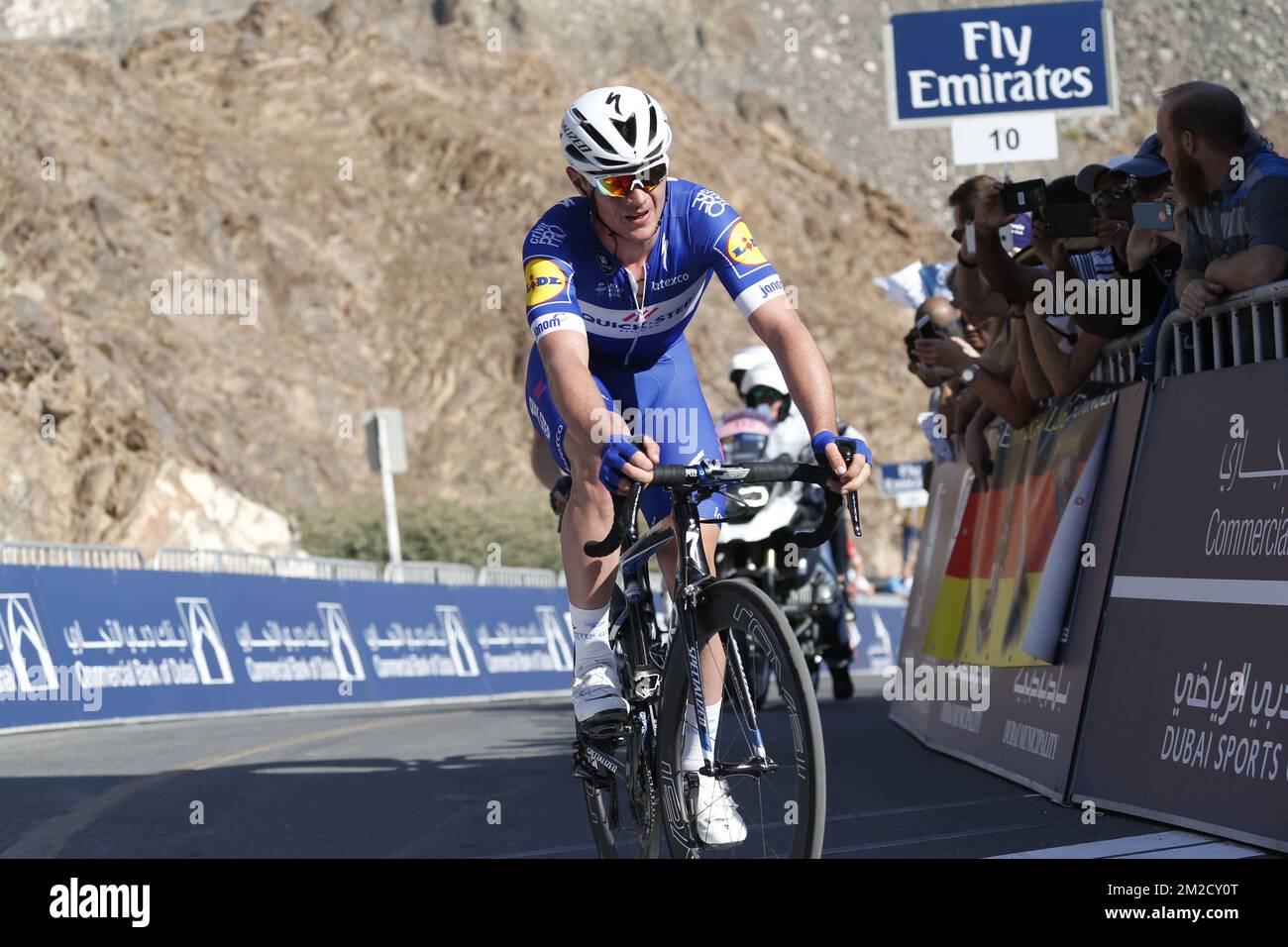 Belgian Yves Lampaert of Quick-Step Floors pictured in action during stage 4 of the Dubai Tour 2018 cycling race, 172km from Dubai to Hatta Dam, United Arab Emirates, Friday 09 February 2018. The Dubai Tour 2018 is taking place from 6 to 10 February. BELGA PHOTO YUZURU SUNADA Stock Photo