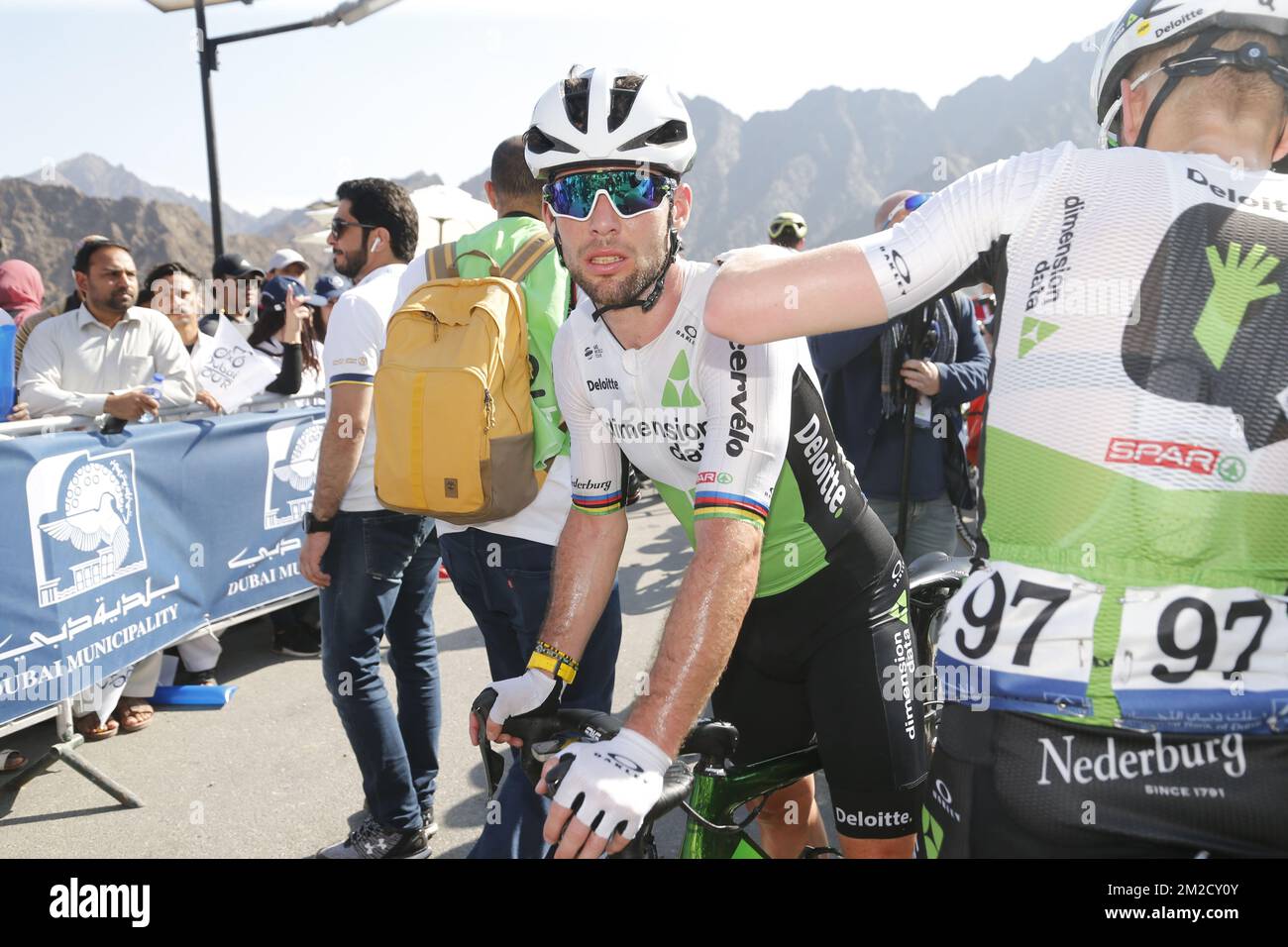 British Mark Cavendish of Team Dimension Data pictured after stage 4 of the Dubai Tour 2018 cycling race, 172km from Dubai to Hatta Dam, United Arab Emirates, Friday 09 February 2018. The Dubai Tour 2018 is taking place from 6 to 10 February. BELGA PHOTO YUZURU SUNADA Stock Photo